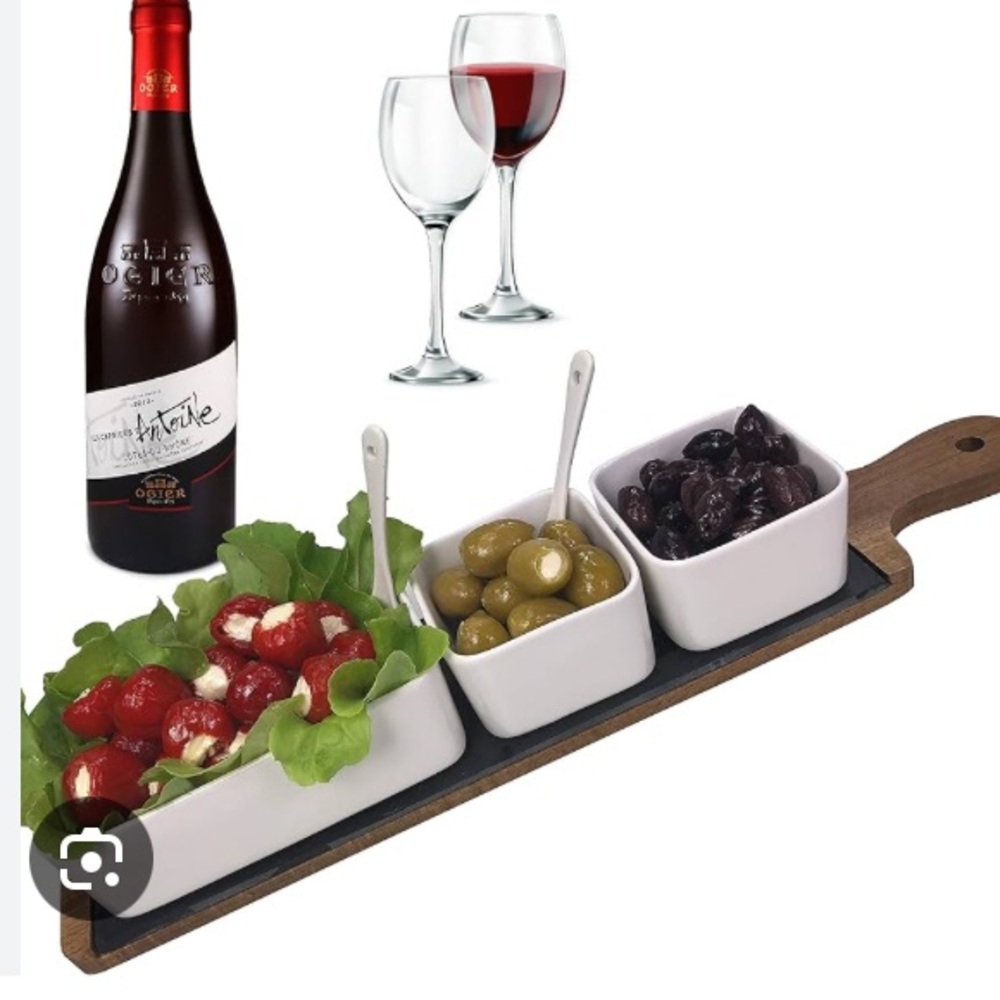 Elegant White Ceramic Serving Set with Bamboo/Slate Tray